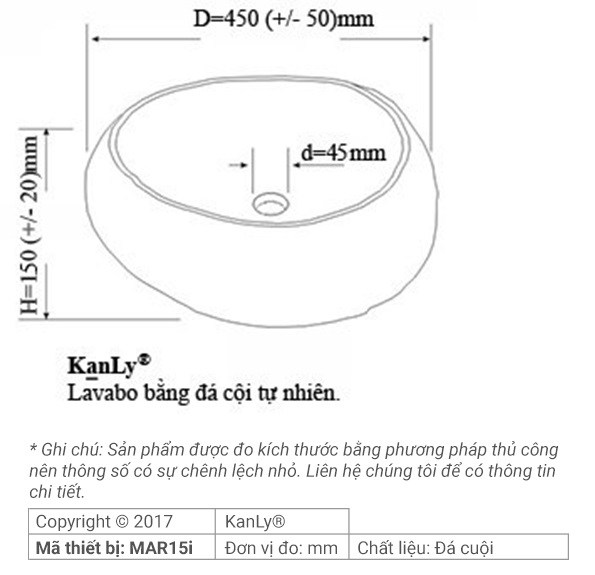 Bản vẽ kích thước chậu rửa mặt đá tự nhiên Kanly MAR15HV
