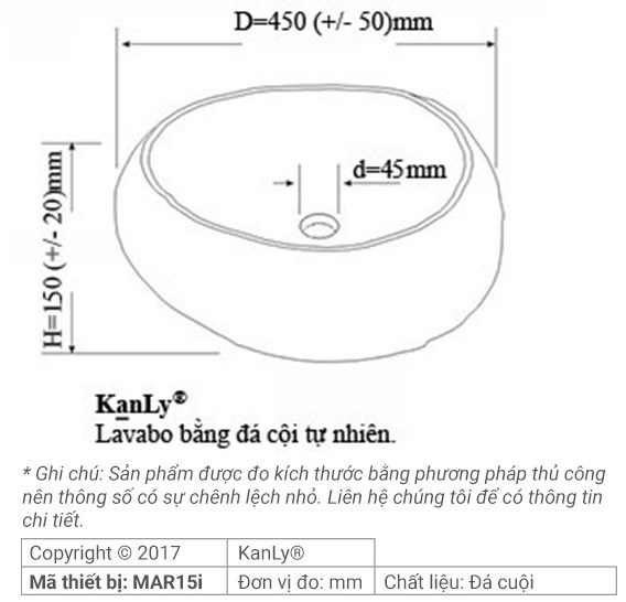 Bản vẽ kích thước chậu rửa mặt đá tự nhiên Kanly MAR15i