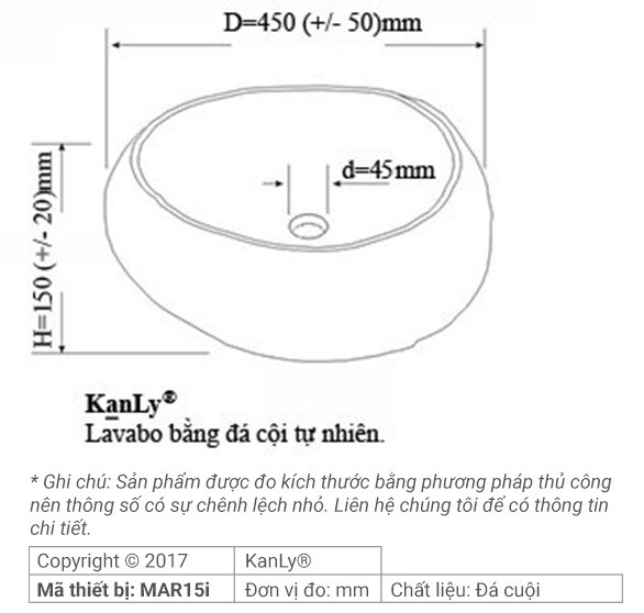 Bản vẽ kích thước chậu rửa mặt đá tự nhiên Kanly MAR15V