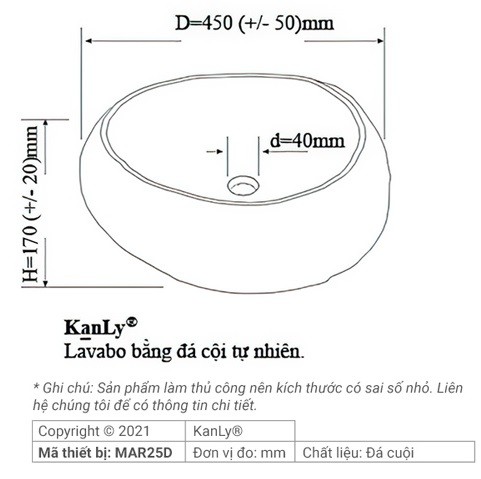 Bản vẽ kích thước chậu lavabo mặt đá tự nhiên Kanly MAR25D