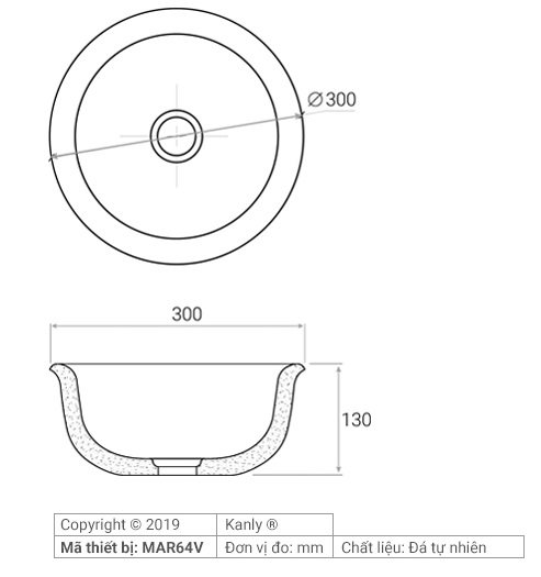 Bản vẽ kích thước chậu rửa mặt đá nguyên khối Kanly MAR64V