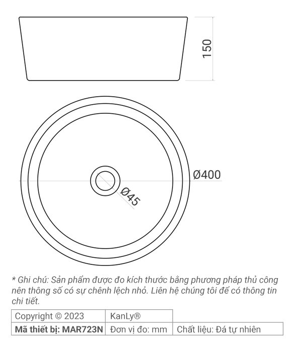 Bản vẽ kích thước lavabo đặt bàn MAR723N đá Kanly