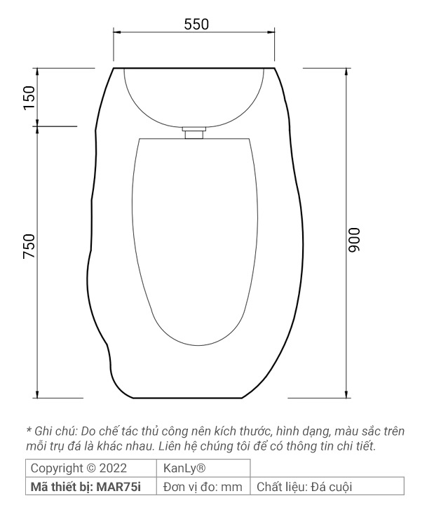 Bản vẽ kích thước lavabo đá cuội đặt sàn nguyên khôi