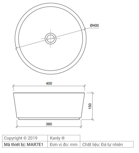 Bản vẽ kích thước chậu rửa mặt đá tự nhiên Kanly MAR7E1