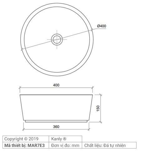 Bản vẽ kích thước chậu rửa mặt đá tự nhiên Kanly MAR7E3