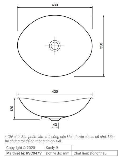 Bản vẽ kích thước lavabo đồng Kanly RSC 047V
