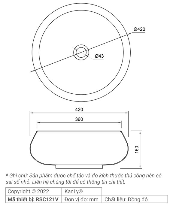 Bản vẽ kích thước lavabo đồng Kanly RSC 121V
