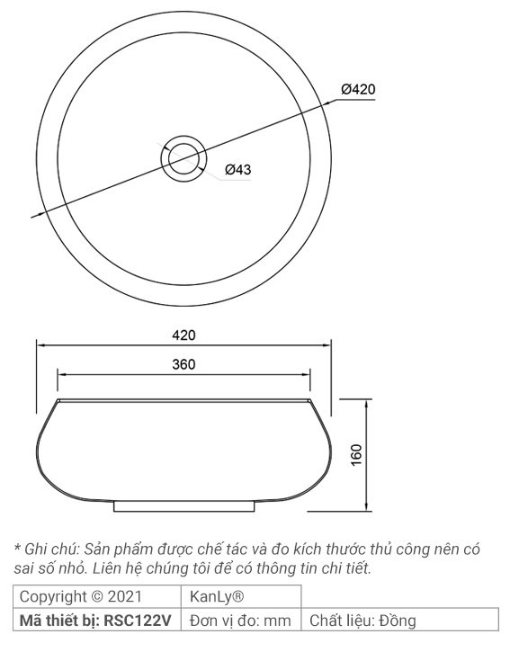 Bản vẽ kích thước lavabo đồng Kanly RSC 122V 420mm