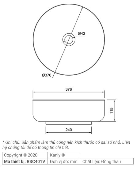 Bản vẽ kích thước lavabo đồng Kanly RSC 401V