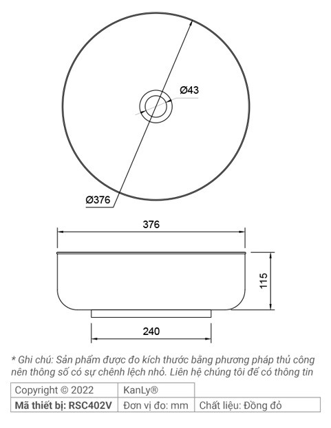 Bản vẽ kích thước chậu rửa mặt Kanly RSC 402V