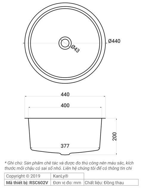 Bản vẽ kích thước chậu rửa mặt Kanly RSC 602V bằng đồng thau
