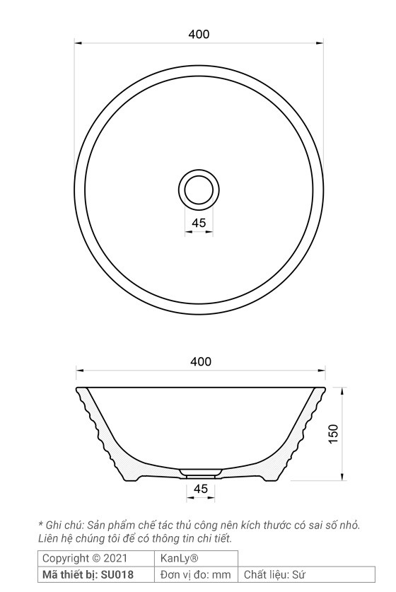 Bản vẽ kích thước chậu rửa mặt Kanly SU018 sứ in mỹ thuật