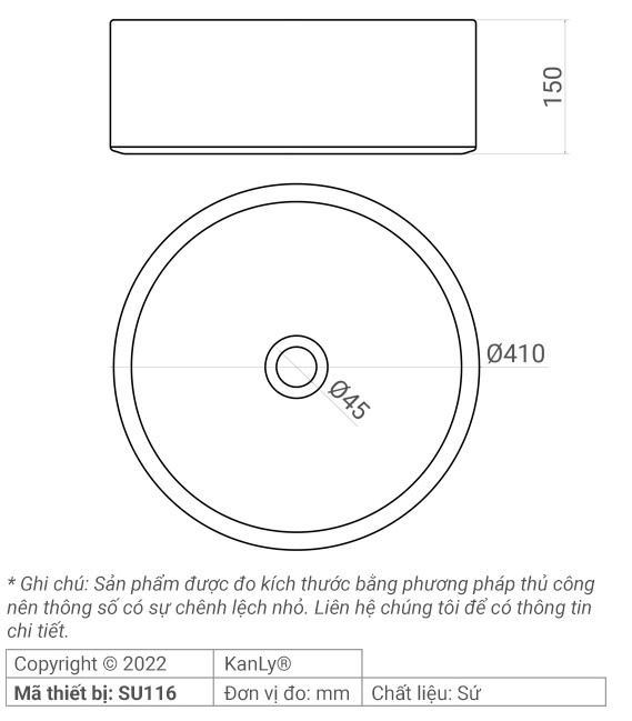 Bản vẽ kích thước chậu rửa mặt Kanly SU116 sứ in mỹ thuật