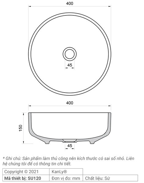 Bản vẽ kích thước chậu rửa mặt Kanly SU120 sứ in mỹ thuật