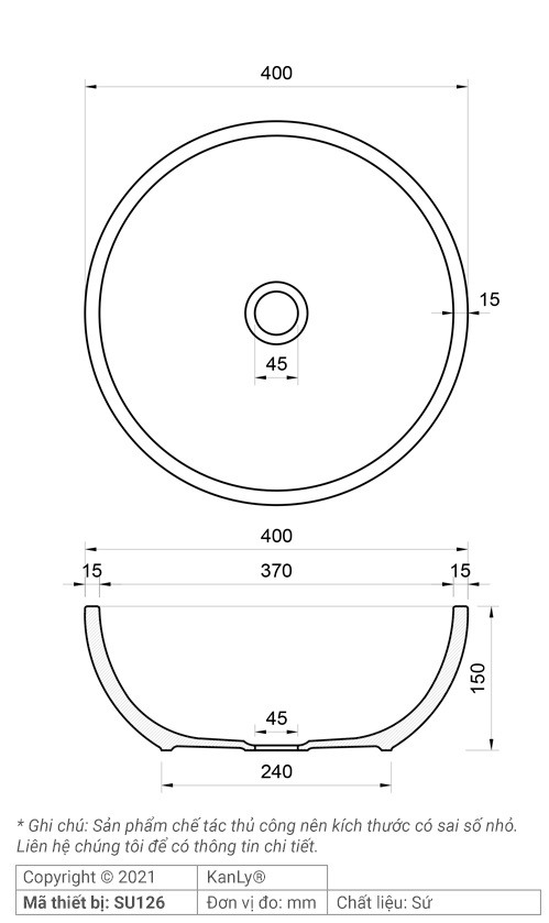 Bản vẽ kích thước chậu rửa mặt Kanly SU126 sứ in mỹ thuật