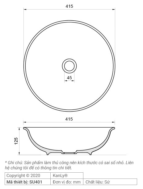 Bản vẽ kích thước chậu rửa mặt Kanly SU401 sứ in mỹ thuật