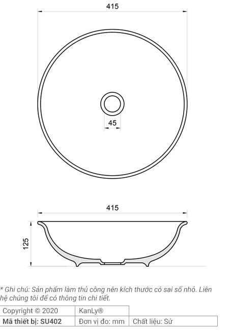 Bản vẽ kích thước chậu rửa mặt Kanly SU402 sứ in mỹ thuật