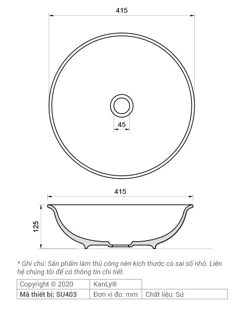 Bản vẽ kích thước chậu rửa mặt Kanly SU403 sứ in mỹ thuật