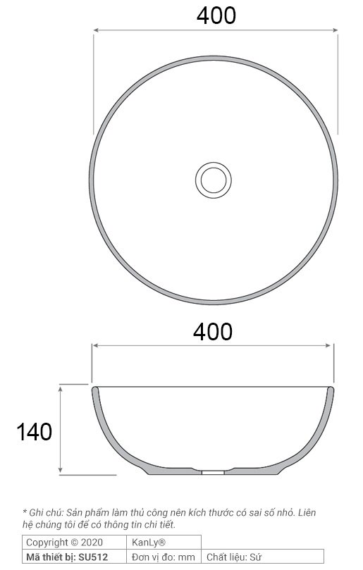 Bản vẽ kích thước chậu lavabo SU 512 tròn màu đen