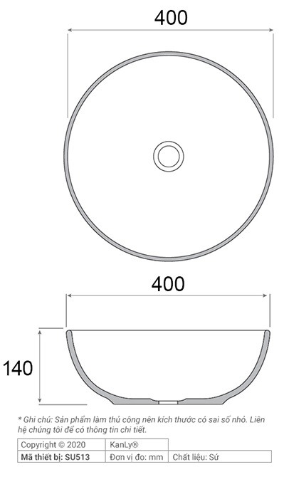 Bản vẽ kích thước chậu lavabo SU 513 tròn màu trắng
