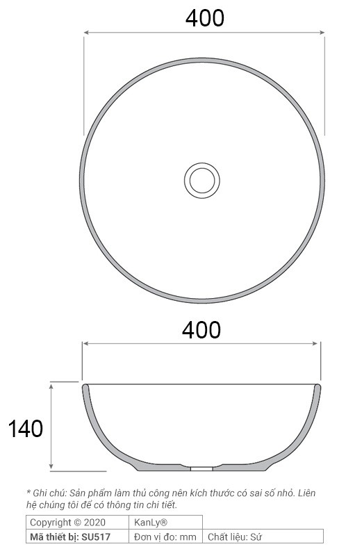 Bản vẽ kích thước chậu lavabo SU 517 tròn màu xám