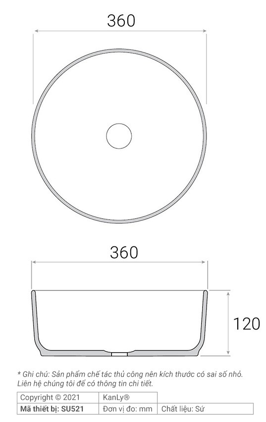Bản vẽ kích thước chậu lavabo SU 521 tròn màu nâu