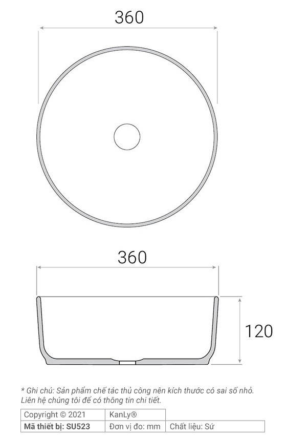 Bản vẽ kích thước chậu lavabo SU 523 tròn màu trắng