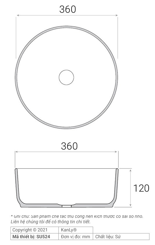 Bản vẽ kích thước chậu lavabo SU 524 tròn màu vàng