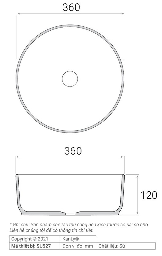 Bản vẽ kích thước chậu lavabo SU 527 tròn màu xám