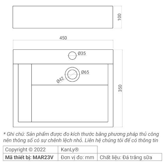 Bản vẽ chậu lavabo Kanly MAR23V trắng chữ nhật đá marble