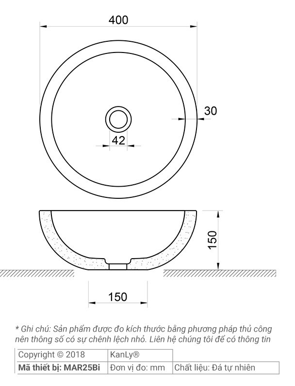 Bản vẽ kích thước chậu rửa mặt đá tự nhiên Kanly MAR25Bi