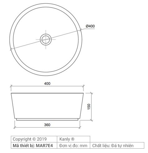 Bản vẽ kích thước chậu rửa mặt đá tự nhiên Kanly MAR7E4