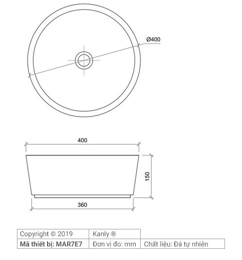 Bản vẽ kích thước chậu rửa mặt đá xanh rêu Kanly MAR7E7