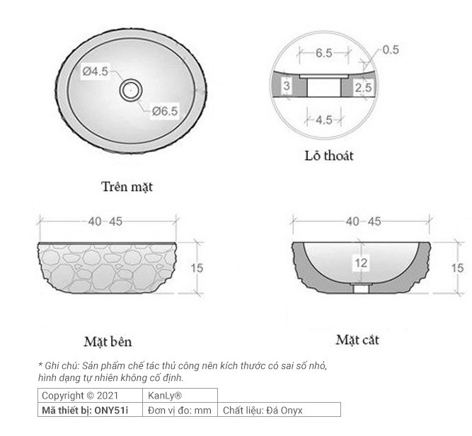 Bản vẽ kích thước chậu rửa mặt đá tự nhiên Kanly ONY51i