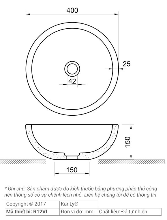 Bản vẽ kích thước chậu rửa mặt đá tự nhiên Kanly R12VL