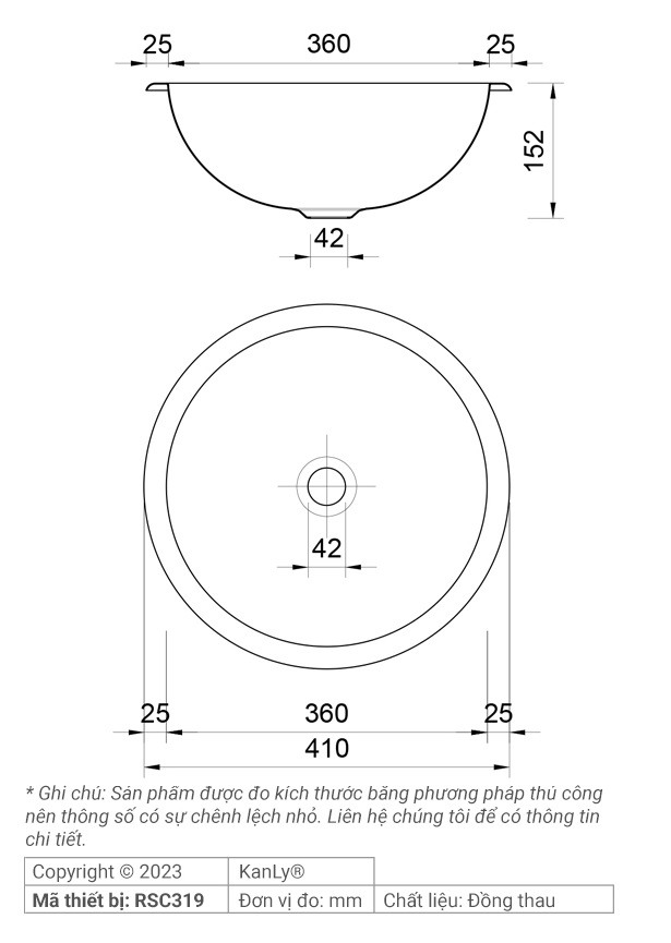 Bản vẽ kích thước lavabo đồng Kanly RSC 319