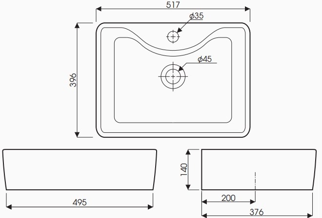 Bản vẽ kích thước chậu rửa lavabo LD 01 đặt bàn