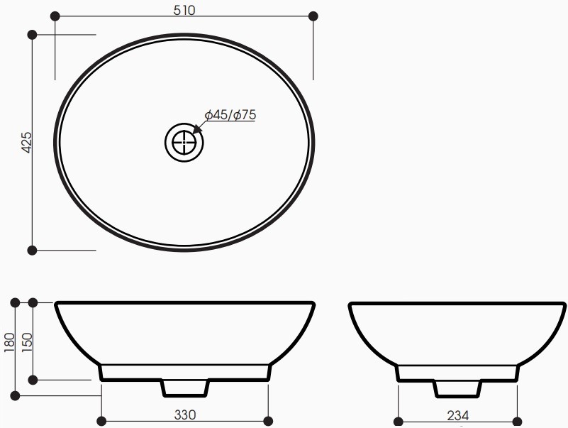 Bản vẽ kích thước chậu rửa lavabo LD 03 đặt bàn