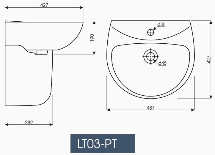 Bản vẽ kích thước chậu rửa lavabo LT03 PT03 treo tường