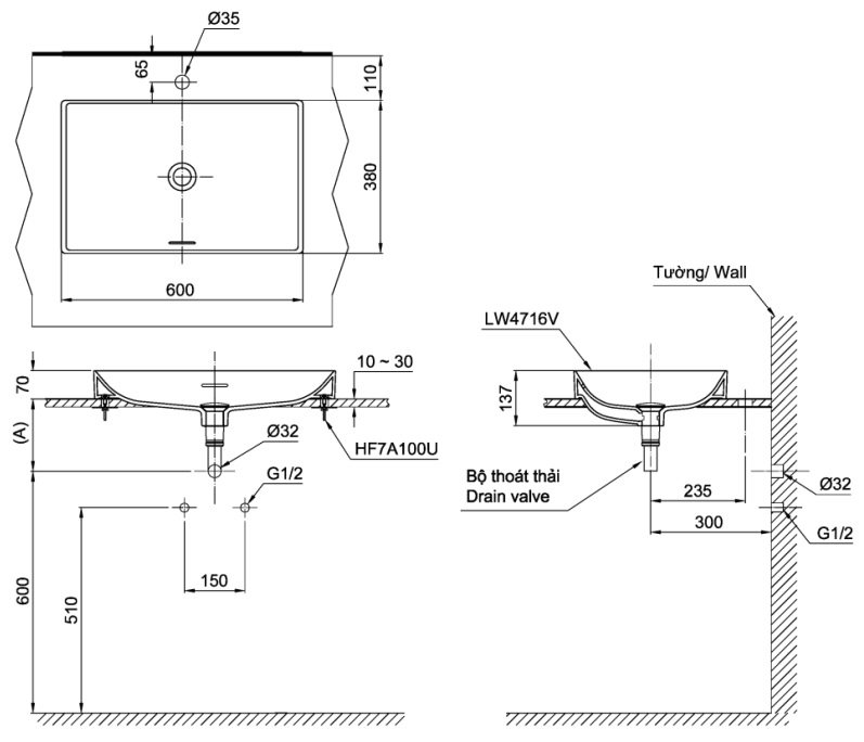 Bản vẽ kích thước chậu rửa mặt TOTO LT4716 G19 MW