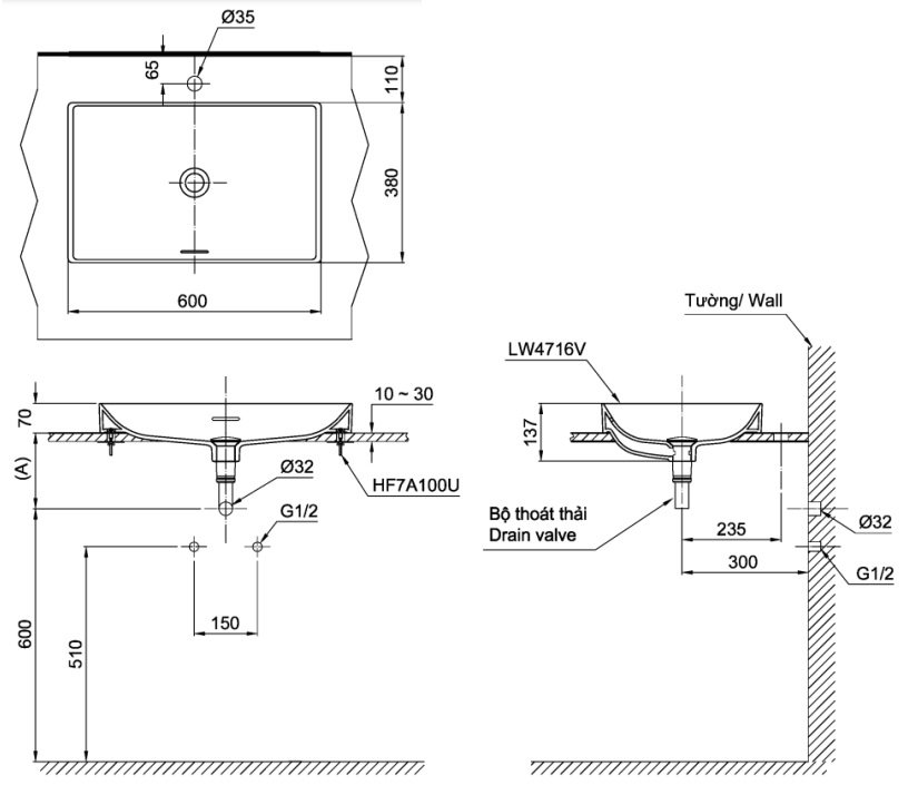 Bản vẽ kích thước chậu rửa mặt TOTO LT4716 G17 MGR 