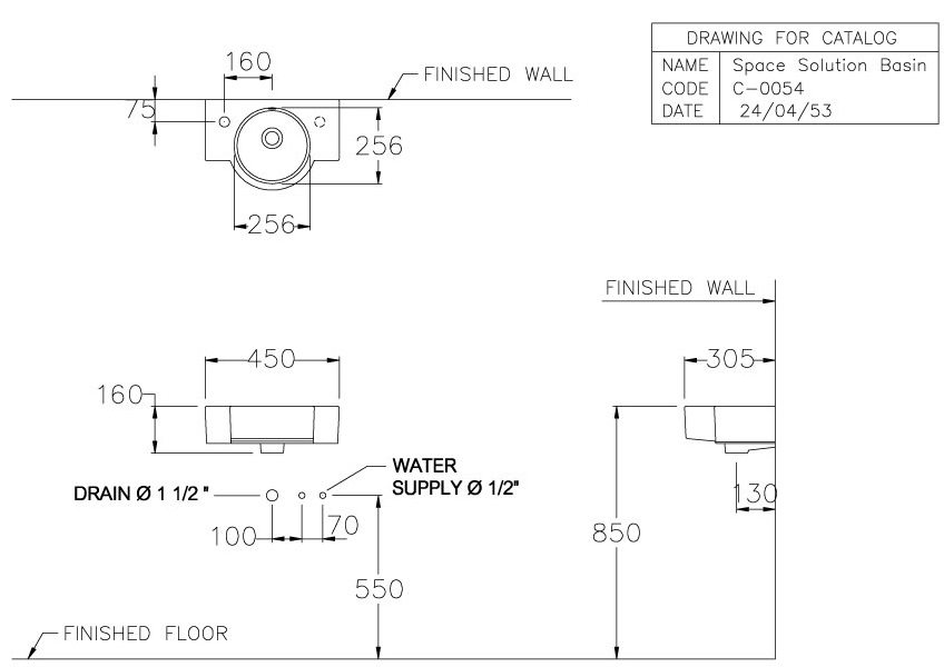 Bản vẽ kích thước chậu lavabo treo tường Cotto C 00547 