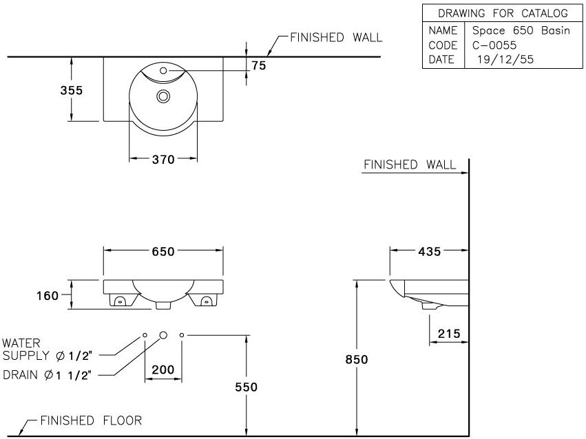 Bản vẽ kích thước chậu lavabo treo tường Cotto C 0055 