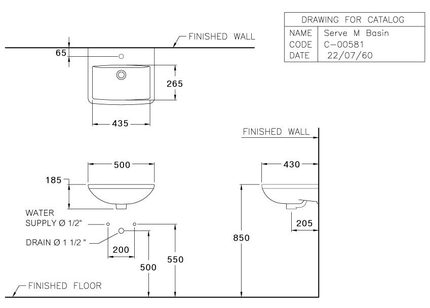 Bản vẽ kích thước lavabo treo tường Cotto C 00581 