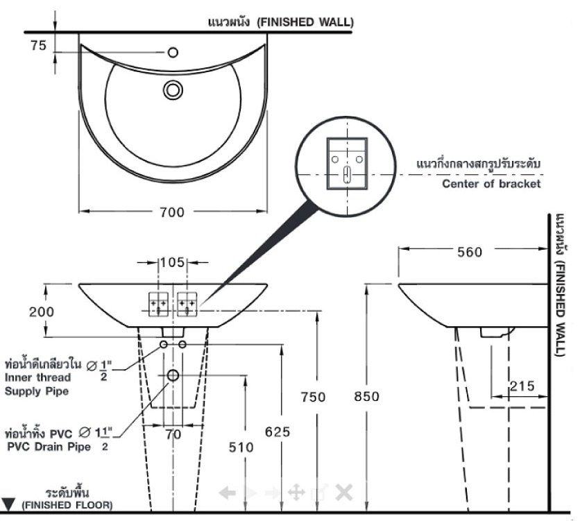 Bản vẽ kích thước lavabo treo tường Cotto C 02197  C 4219