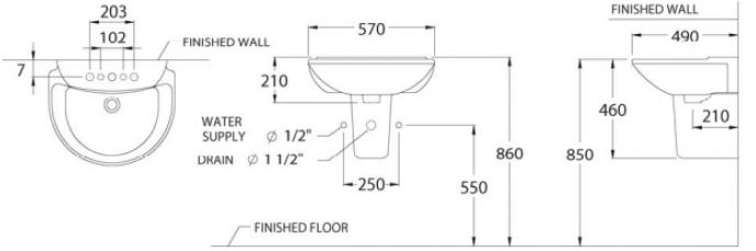 Bản vẽ kích thước chậu lavabo treo tường Cotto c 0237 c 4201