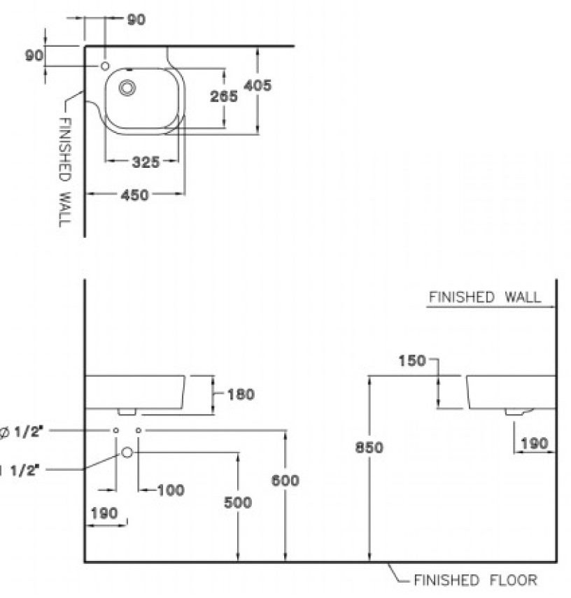 Bản vẽ kỹ thuật chậu lavabo treo tường Cotto C 04017
