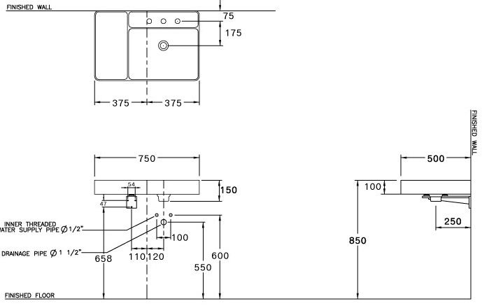 Bản vẽ kích thước chậu lavabo treo tường Cottoc 0455 