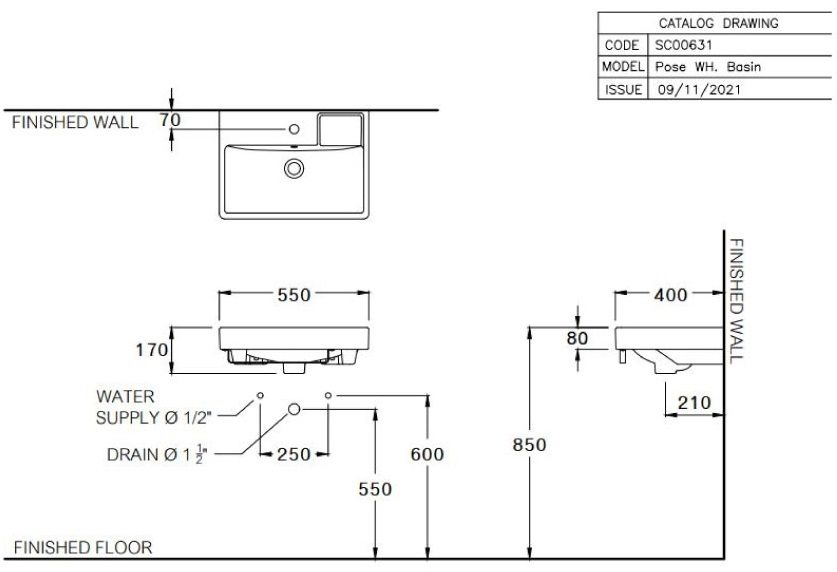 Bản vẽ kích thước lavabo rửa mặt Cott0 sc 006317