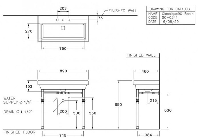 Bản vẽ kỹ thuật chậu lavabo treo tường Cotto SC0341